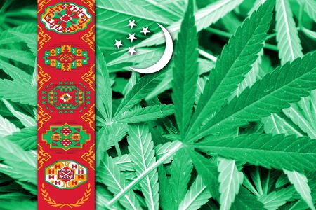 Turkmenistan Flag on cannabis background. Drug policy. Legalization of marijuanaの写真素材