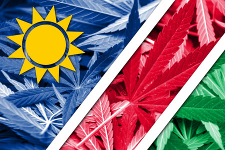 Namibia Flag on cannabis background. Drug policy. Legalization of marijuanaの写真素材