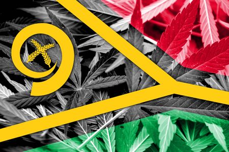 Vanuatu Flag on cannabis background. Drug policy. Legalization of marijuanaの写真素材