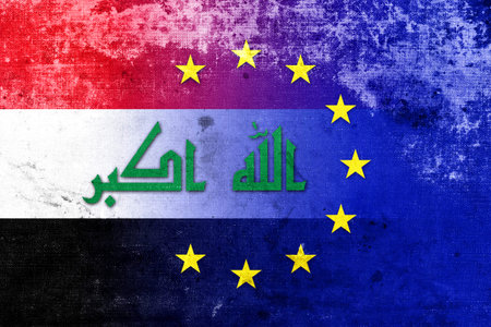 European Union and Iraq Flag with a vintage, old lookの写真素材