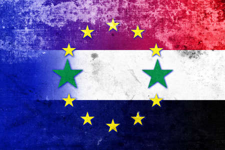 European Union and Syria Flag with a vintage, old lookの写真素材