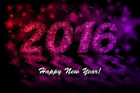 Happy New Year 2016. Red and purple stars background with bokeh effect