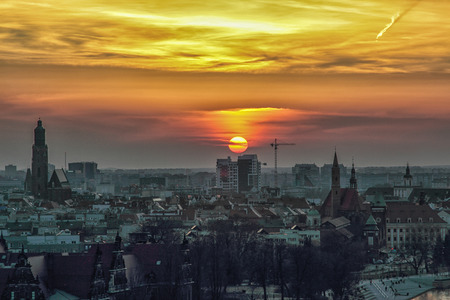 WROCLAW, POLAND - APRIL 02, 2016: Aerial view of Wroclaw. City skyline, Churches and buildings in the old town during a beautiful sunset, April 02, 2016 in Wroclaw, Poland.のeditorial素材