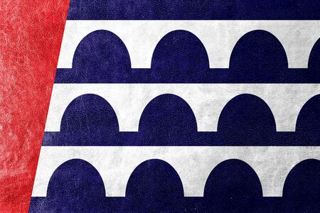 Flag of Des Moines, Iowa, painted on leather textureの写真素材