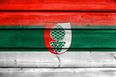 Flag of Augsburg, painted on old wood plank backgroundの写真素材