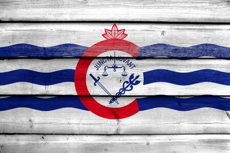 Flag of Cincinnati, Ohio, painted on old wood plank backgroundの写真素材