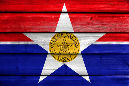 Flag of Dallas, Texas, painted on old wood plank backgroundの写真素材