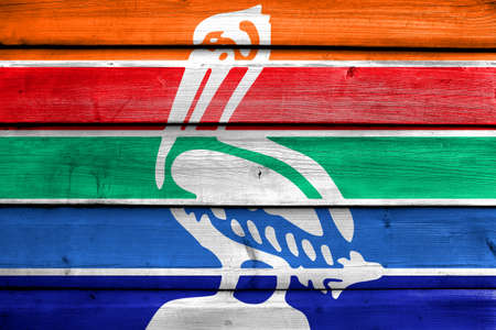 Flag of St. Petersburg, Florida, painted on old wood plank backgroundの写真素材