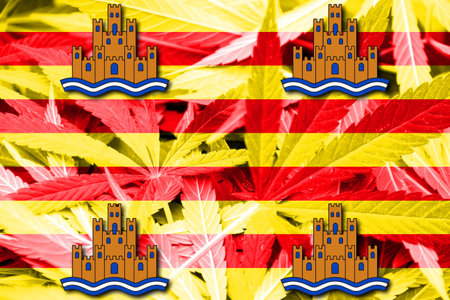 Flag of Ibiza, on cannabis backgroundの写真素材