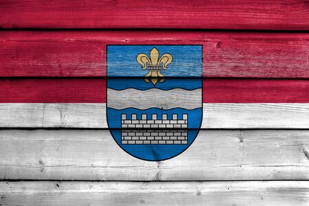Flag of Daugavpils, Latvia, painted on old wood plank backgroundの写真素材