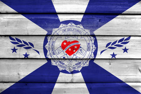 Flag of Belford Roxo, Brazil, painted on old wood plank backgroundの写真素材