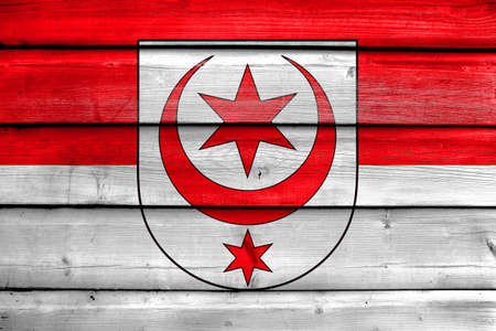 Flag of Halle (Saale), Germany, painted on old wood plank backgroundの写真素材