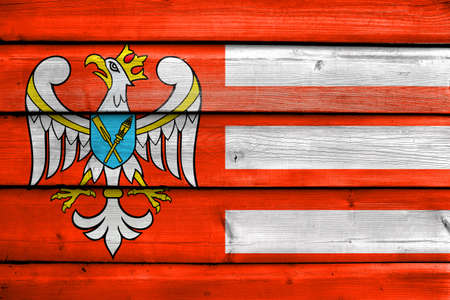 Flag of Gniezno County, Poland, painted on old wood plank backgroundの写真素材