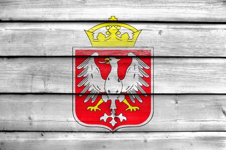 Flag of Gniezno, Poland, painted on old wood plank backgroundの写真素材