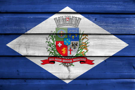 Flag of Joinville, Santa Catarina State, Brazil, painted on old wood plank backgroundの写真素材