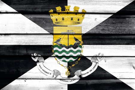 Flag of Lisbon with Coat of Arms, Portugal, painted on old wood plank backgroundの写真素材