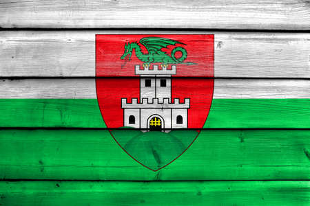 Flag of Ljubljana, Slovenia, painted on old wood plank backgroundの写真素材