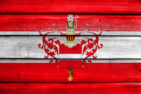 Flag of Leuven with Coat of Arms, Belgium, painted on old wood plank backgroundの写真素材