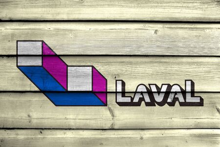 Flag of Laval, Quebec, Canada, painted on old wood plank backgroundの写真素材