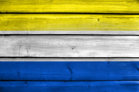 Flag of Marianske Lazne, Czechia, painted on old wood plank backgroundの写真素材