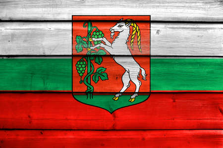 Flag of Lublin, Poland, painted on old wood plank backgroundの写真素材
