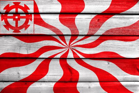 Flag of Mulhouse, France, painted on old wood plank backgroundの写真素材