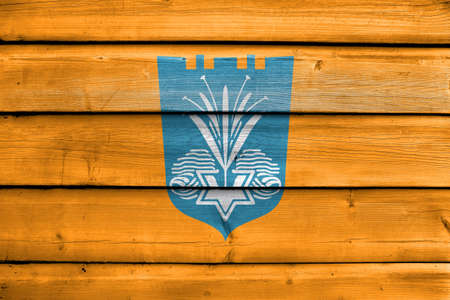 Flag of Netanya, Israel, painted on old wood plank backgroundの写真素材