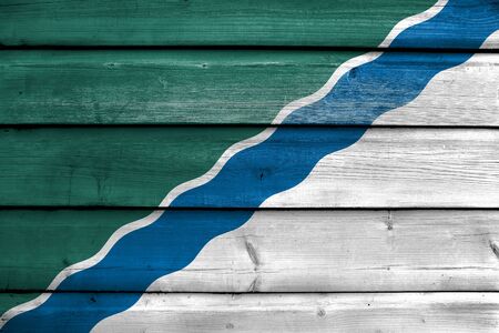 Flag of Novosibirsk, Russia, painted on old wood plank backgroundの写真素材