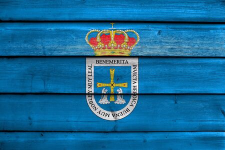 Flag of Oviedo, Spain, painted on old wood plank backgroundの写真素材