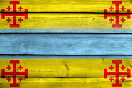 Flag of Popayan, Colombia, painted on old wood plank backgroundの写真素材