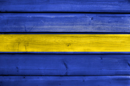 Flag of Silesian Voivodeship, Poland, painted on old wood plank backgroundの写真素材