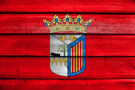 Flag of Salamanca, Spain, painted on old wood plank backgroundの写真素材