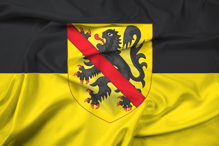 Waving Flag of Namur with Coat of Arms, Wallonia Region, Belgiumの写真素材