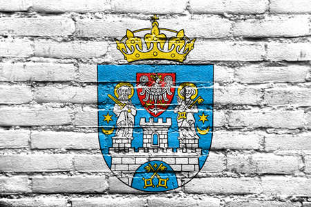 Flag of Poznan, Poland, painted on brick wallの写真素材