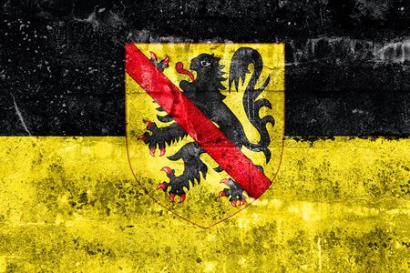Flag of Namur with Coat of Arms, Wallonia Region, Belgium, painted on dirty wallの写真素材