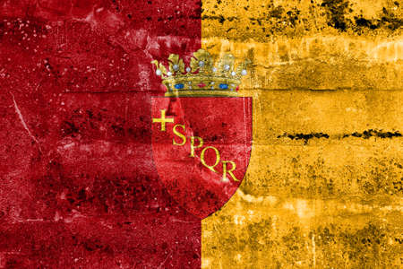 Flag of Rome with Coat of Arms, Italy, painted on dirty wallの写真素材