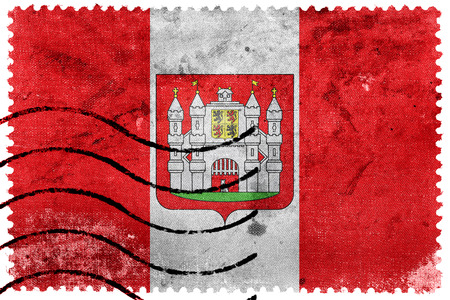 Flag of Mons with Coat of Arms, Belgium, old postage stampの写真素材
