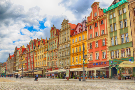 WROCLAW, POLAND - JULY 13, 2017: Wroclaw Old Town. City with one of the most colorful market squares in Europe. Historical capital of Lower Silesia, Poland, Europe.のeditorial素材