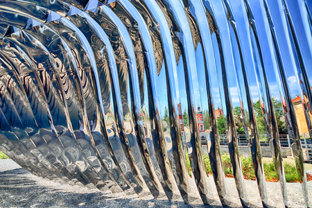 WROCLAW, POLAND - JULY 29, 2017: The NAWA sculpture designed by Oskar Zieta, erected on Daliowa Island. Due to polished steel surface NAWA reflects its surroundings (different feeling every time).のeditorial素材