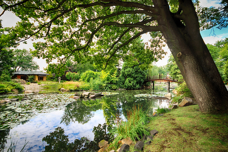 WROCLAW, POLAND - AUGUST 04, 2017: Japanese Garden is situated in the vicinity of the historical Pergola and Centennial Hall. It represents one of few traces after the World Expo in 1913.のeditorial素材