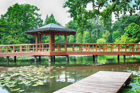 WROCLAW, POLAND - AUGUST 04, 2017: Japanese Garden is situated in the vicinity of the historical Pergola and Centennial Hall. It represents one of few traces after the World Expo in 1913.のeditorial素材