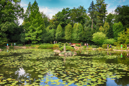WROCLAW, POLAND - AUGUST 04, 2017: Japanese Garden is situated in the vicinity of the historical Pergola and Centennial Hall. It represents one of few traces after the World Expo in 1913.のeditorial素材