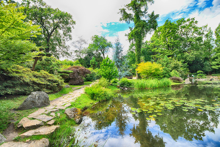 WROCLAW, POLAND - AUGUST 04, 2017: Japanese Garden is situated in the vicinity of the historical Pergola and Centennial Hall. It represents one of few traces after the World Expo in 1913.のeditorial素材