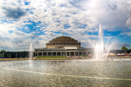 WROCLAW, POLAND - AUGUST 04, 2017: Centennial Hall and Multimedia Fountain. The Hallâs inscription on UNESCO World Heritage List in 2006 emphasized the rank of this facility. Designed by Max Berg.のeditorial素材