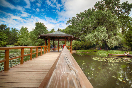 WROCLAW, POLAND - AUGUST 04, 2017: Japanese Garden is situated in the vicinity of the historical Pergola and Centennial Hall. It represents one of few traces after the World Expo in 1913.のeditorial素材