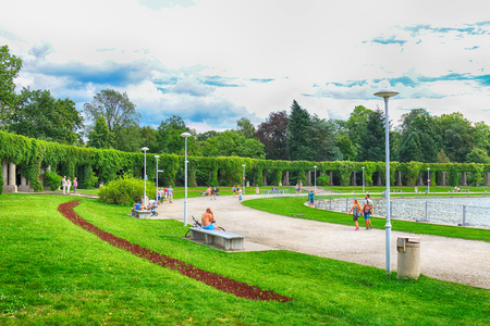 WROCLAW, POLAND - AUGUST 04, 2017: Pergola - a 640 meter long structure built in 1913 in the shape of a semi-ellipse as an integral part of the Centennial Hallâs Exhibition Grounds.のeditorial素材
