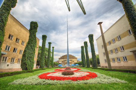 WROCLAW, POLAND - AUGUST 04, 2017: Centennial Hall with 'Iglica' Monument (Spire). The Hallâs inscription on UNESCO World Heritage List in 2006 emphasized the rank of this facility.のeditorial素材