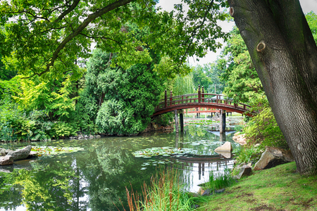 WROCLAW, POLAND - AUGUST 04, 2017: Japanese Garden is situated in the vicinity of the historical Pergola and Centennial Hall. It represents one of few traces after the World Expo in 1913.のeditorial素材