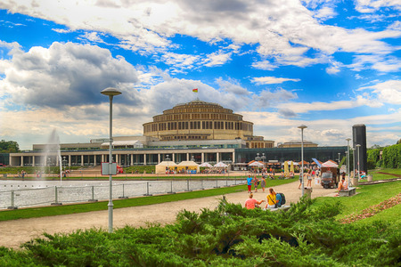 WROCLAW, POLAND - AUGUST 04, 2017: Centennial Hall and Multimedia Fountain. The Hallâs inscription on UNESCO World Heritage List in 2006 emphasized the rank of this facility. Designed by Max Berg.のeditorial素材