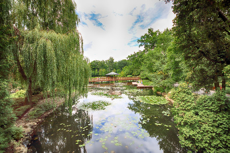 WROCLAW, POLAND - AUGUST 04, 2017: Japanese Garden is situated in the vicinity of the historical Pergola and Centennial Hall. It represents one of few traces after the World Expo in 1913.のeditorial素材